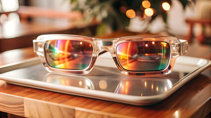 3D Holographic Smart Glasses on Glossy Tray Concept with AI Technology Integration - Innovative Wearable Device with Holographic Lenses on White Tray, Isolated Scene with Copy Space