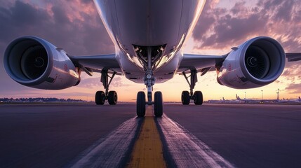 Modern Airplane on Runway at Twilight with Close-Up View of Tire