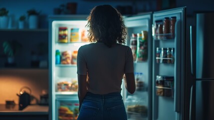 A woman standing in front of an open fridge late at night, grabbing unhealthy snacks. Unhealthy food concept.