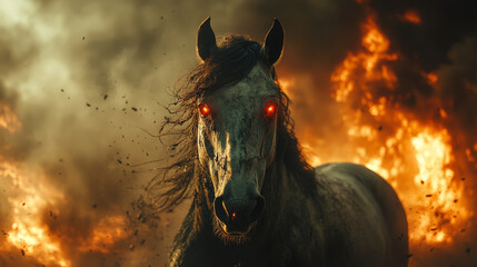 A powerful horse with glowing red eyes stands amidst flames, exuding fierce and intense presence. scene is dramatic and evokes sense of awe and danger.