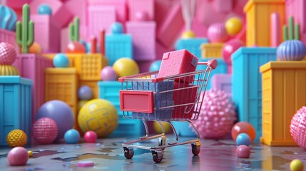 featuring digital shopping carts and offers, background colored with lively, tech-savvy hues