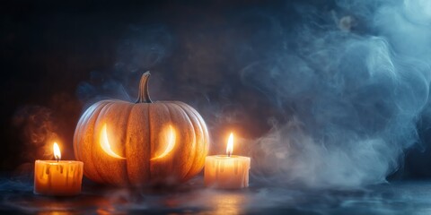 Naklejka premium Spooky Halloween Pumpkin with Candles created by ai