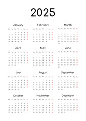 Calendar for 2025. Minimalist style. Black and white, A4, English, week starts Monday.
