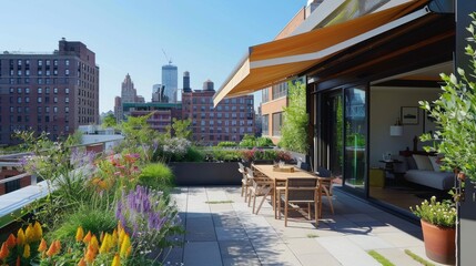 Fototapeta premium A rooftop terrace with a smart irrigation system keeping the plants healthy and a retractable awning automatically adjusting for sun or shade.