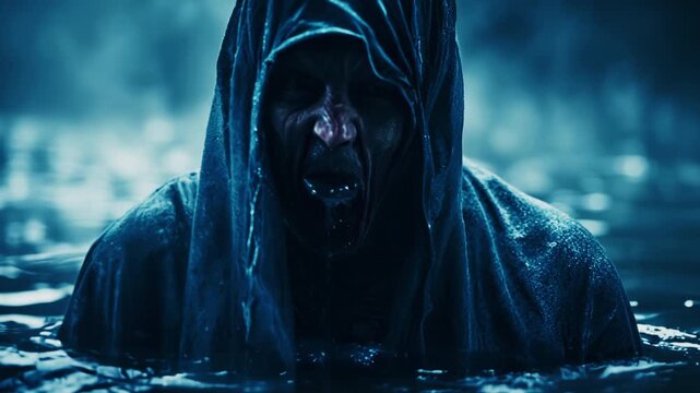 Scary ghost like creature emerging from the water, which pours out of its mouth. Cinematic horror footage. Halloween theme. High quality 4k footage