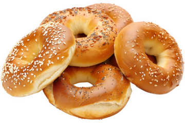 Close-up of a stack of assorted bagels with toppings like sesame and poppy seeds isolated on a white or transparent background. Ideal for bread food projects.