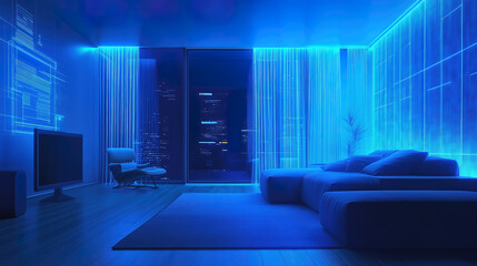 A futuristic blue light luxury living room with glass walls in the night