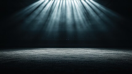 An empty stage arena under a single spotlight, casting dramatic shadows and highlighting the anticipation of an upcoming event in a vast dark space.