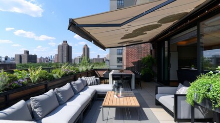 Naklejka premium A rooftop terrace with a smart irrigation system keeping the plants healthy and a retractable awning automatically adjusting for sun or shade.