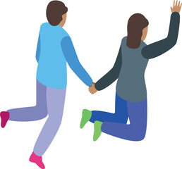 Man and a woman are holding hands while running and jumping, excited about their success