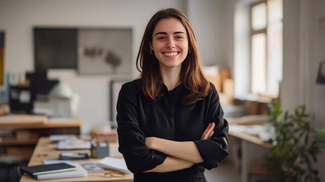 Cheerful Female Designer at Her Workstation in Office