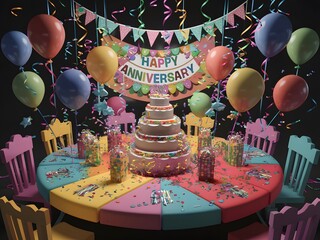 Happy anniversary background. Decorated background for celebration anniversary. 3d party elements. Colorful balloons, stars, cake, hearts, confetti