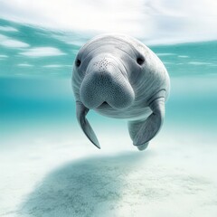 Naklejka premium A serene underwater scene featuring a curious manatee gracefully swimming in crystal-clear waters.