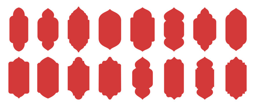 Arabic window shapes. Vintage Islamic architectural arch labels, oriental ornate shape border and traditional east window frame silhouettes flat vector set.