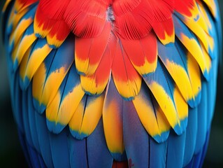 Fototapeta premium Close-up of a scarlet macaw feathers, displaying red, yellow, and blue plumage