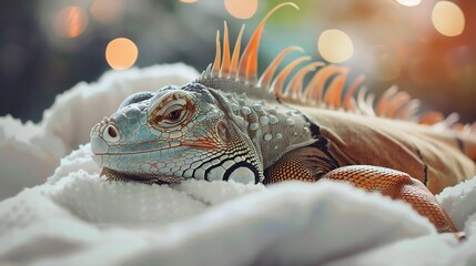 Close-up of a Green Iguana's Head and Neck Resting on a White Surface with Blurry Background Lights
