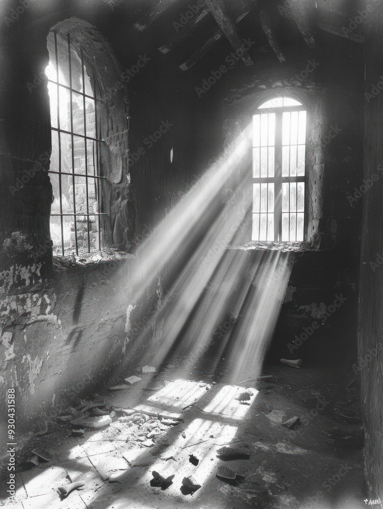 Wall mural sunlight streams through two windows in a crumbling room