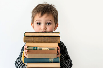 Photo of little boy holding stack of heavy books on white background with copy space on right