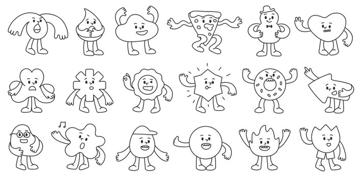 Cute abstract hand drawn characters. Doodle line shapes mascots with facial expressions, playful poses and hand gestures. Whimsical shape for kids creative designs vector illustrations set.