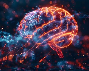 Glowing Digital Brain Interconnected Wires LEDs Representing Neural Connectivity