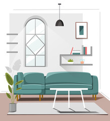 Fototapeta premium Furniture living room. Green sofa, white coffee table and shelves on wall. Minimalistic interior in apartment. Stylish and fashionable furniture at home. Flat vector illustration