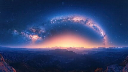 Fototapeta premium A breathtaking view of the Milky Way galaxy over a mountain range at sunrise.