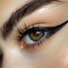 Obraz premium A close-up view of an eye featuring bold eyeliner, defined lashes, and vibrant iris colors highlighting eye beauty and makeup artistry.