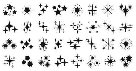 Doodle star glitter sparkles silhouettes. Black starburst, radiant shape and twinkle icons. Magical glitter, shiny spark or bright twinkling star vector set.