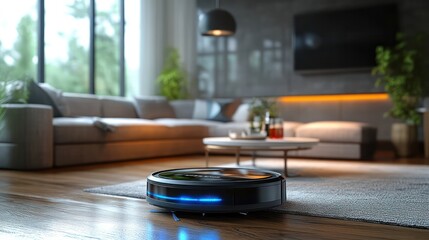 Obraz premium Rootic vacuum cleaner navigating a modern living room, representing the convenience of home automation.