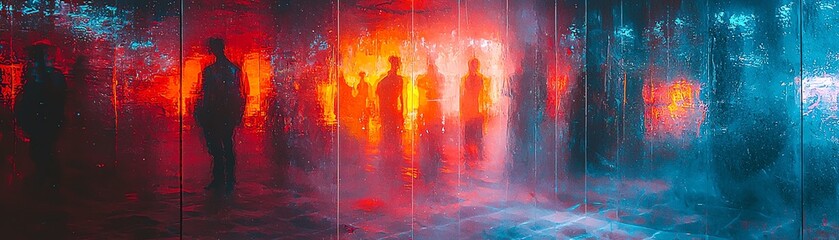 Abstract scene with vibrant colors and silhouettes, creating a dynamic atmosphere of mystery and intrigue.