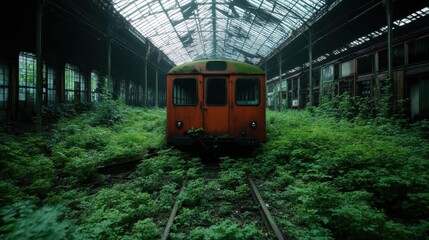 Naklejka premium A rusty orange train in an overgrown, dilapidated station, commandeered by nature, highlighting the beauty in abandonment and the balance between urban dereliction and greenery.