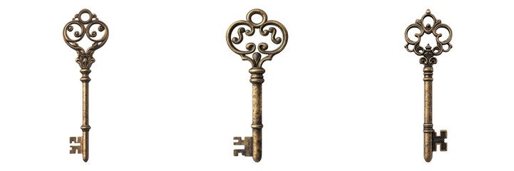 Vintage keys in different designs and shapes isolated on transparent background