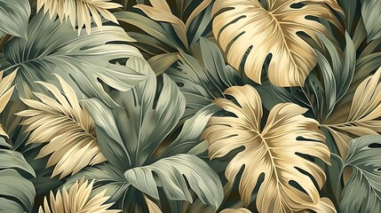 A continuous pattern of tropical ferns, including large, lush fronds, designed for seamless wallpaper with a vintage flair, deep green tones, intricate details, hand-drawn style, natural light,