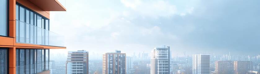 Modern cityscape with high-rise buildings on a foggy day, viewed from a balcony with large glass windows.