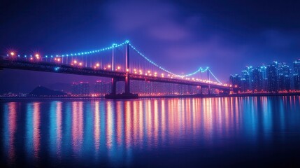 Obraz premium Night cityscape with illuminated bridge and reflections in water.