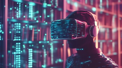 Person in a VR Headset Stands in a Futuristic Server Room