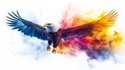 Fototapeta premium Majestic Bald Eagle in Flight with Vibrant Colorful Smoke Background