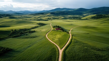 A scenic view featuring a forked dirt road leading to a single house surrounded by vast, lush green fields and rolling hills under an expansive sky, symbolizing choice and tranquility.