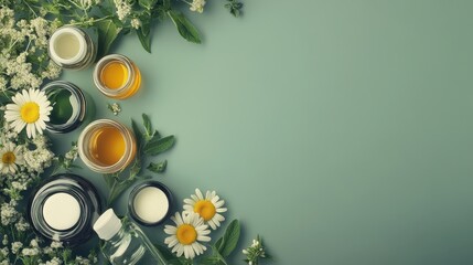 Natural skincare products with chamomile flowers on a green background. Organic cosmetics for beauty and wellness. Spa and relaxation theme.