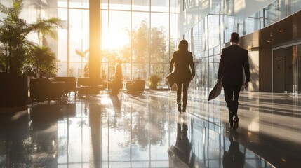 Office Workers Walking in Spacious Lobby Area