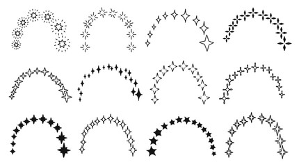 Starry arch. Magic starburst rainbow, minimalist doodle twinkling constellations curve and decorative sparkling star arches hand drawn vector set.