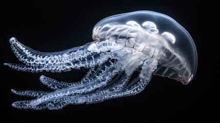 Naklejka premium Stunning Close-Up of a Translucent Jellyfish in Dark Ocean Waters with Glowing Tentacles