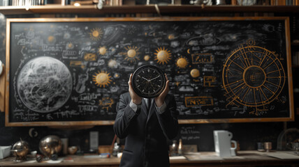 A hand in a suit holding a modern digital clock over a chalkboard with sketches of different times of day, represented by suns, moons, and stars