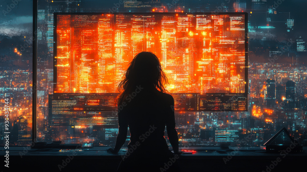 Poster female programmer coding at night with high-tech screen in futuristic urban setting