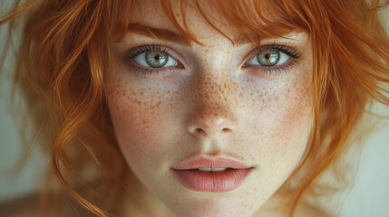Captivating Close-Up Portrait of Redhead Woman with Freckles and Green Eyes