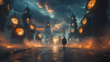 A mysterious figure standing in a vast, empty landscape dotted with towering clocks, each showing different times