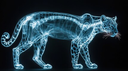 X-ray Image of a Leopard Highlighting Skeletal Structure on Black Background