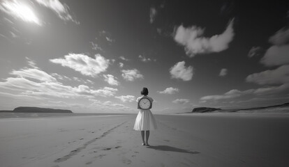 A person in a simple, flowing dress standing on a deserted beach, holding a large clock that obscures their face. The vast, open horizon contrasts with the clear image of the clock