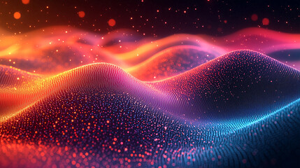 Vibrant Abstract Wave of Digital Particles in Red, Pink, and Blue, Creating a Dynamic and Futuristic Landscape