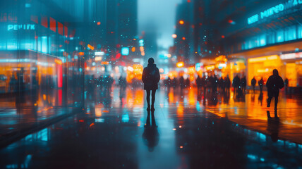 A person standing in the middle of a busy shopping mall, with blurred shoppers moving all around